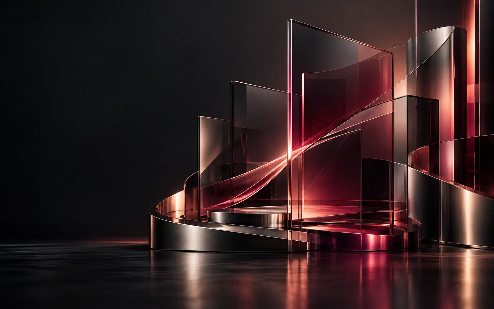Abstract sculptural layers of glass and light representing modern media